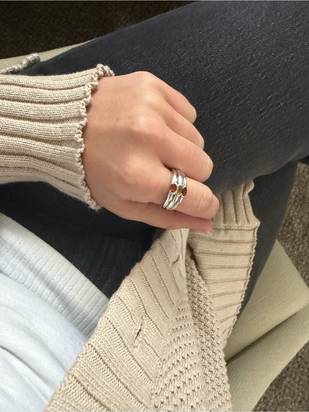 Vintage Sterling Silver Triple-Band Ring with Amber Stones - Women's Jewelry